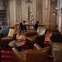 Book matched wood planked wall.