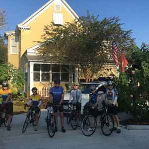 Cycling group heading back out to the parkway.