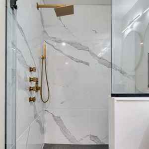 Master Bathroom - oversized shower with body jets and a rain head, double vanity and separate toilet room