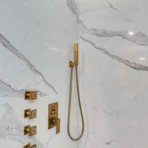 Master Bathroom - oversized shower with body jets and a rain head, double vanity and separate toilet room